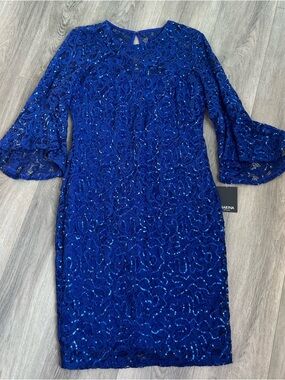 Marina Blue Sequin Lace Dress Size 12 Bell Sleeve Cocktail NWT